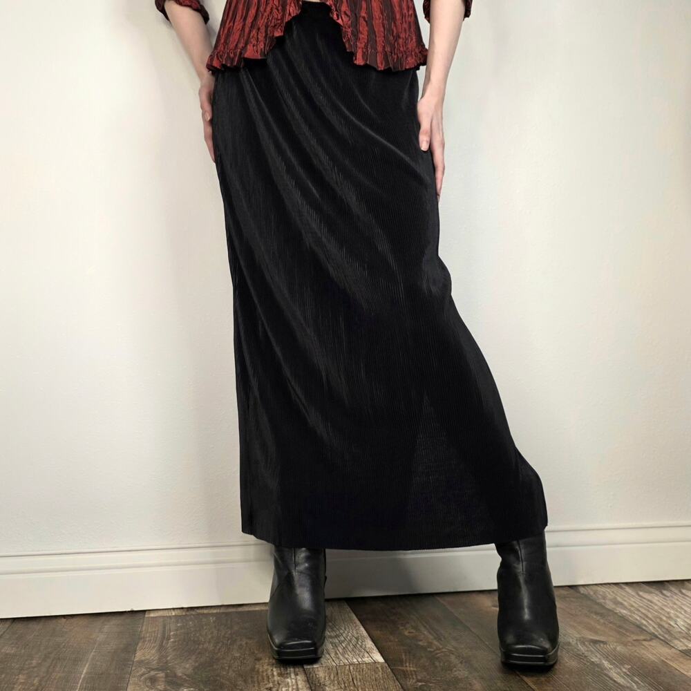 Vintage Black Maxi Skirt Pleated 90s Minimalist Goth Grunge Elastic Midi Long